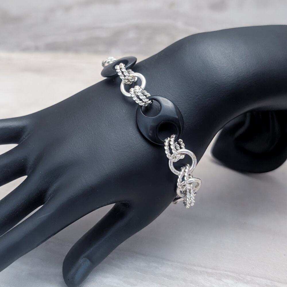 Vintage Clasp Bracelet Statement Silver Tone Chain with Black